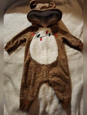 Carter's Brown Reindeer Hooded One-Piece with White Sherpa Belly